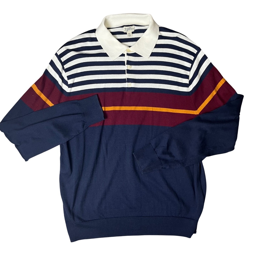 J. Crew Polo Sweater Mens XL Navy Blue Striped Long Sleeve Cotton Knit
